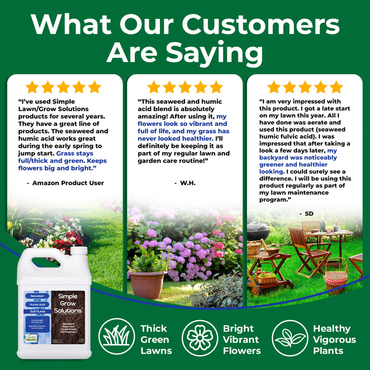 Promotional graphic for Simple Grow Solutions lawn care products, featuring three customer testimonials with star ratings, a bottle of Simple Grow Solutions Seaweed & Humic Acid blend, and three green lawn imagery icons at the bottom.