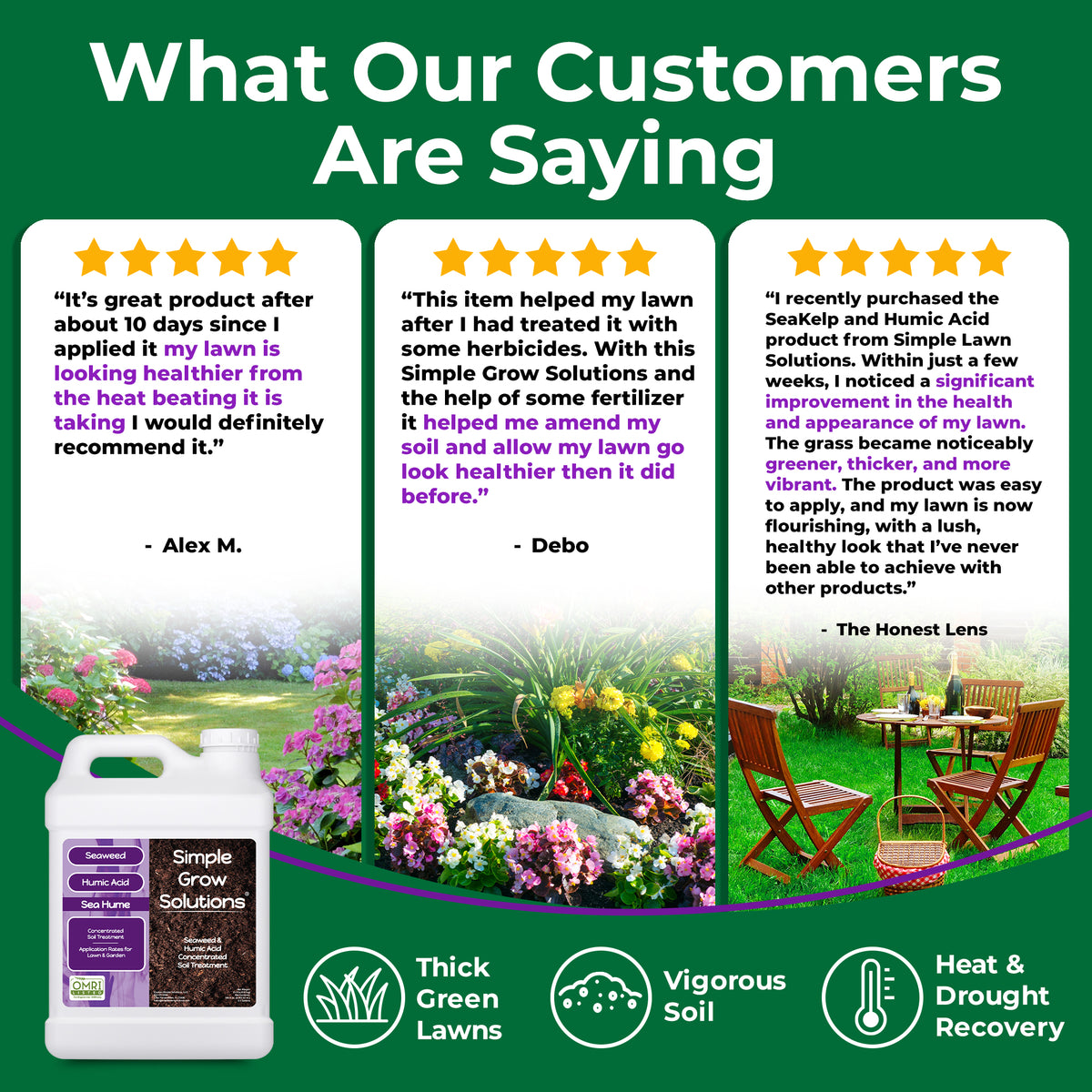 Promotional graphic for Simple Grow Solutions lawn care products, featuring three customer review quote cards with star ratings and photos of green lawns, flowers, and outdoor seating. A white bottle labeled Simple Grow Solutions is shown at the bottom left on a dark green background with feature icons for thick green lawns, vigorous soil, and heat and drought recovery.