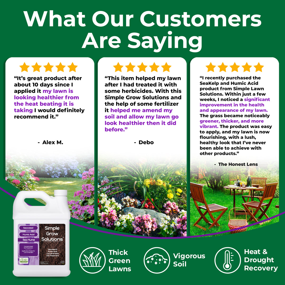 Promotional graphic for Simple Grow Solutions lawn care products, featuring three customer review quote cards with star ratings, a bottle of Simple Grow Solutions on the bottom left, and lawn care benefit icons at the bottom on a green background.
