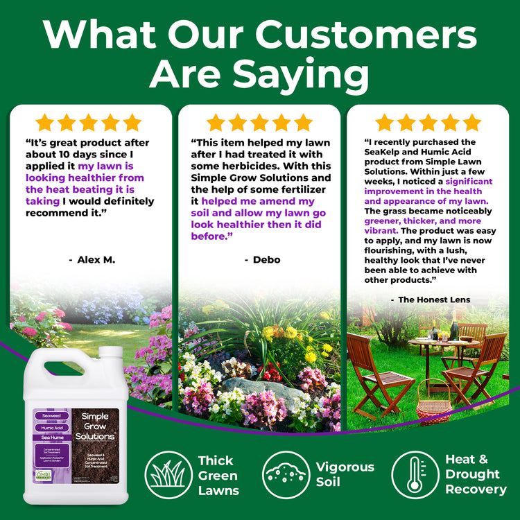 Promotional graphic for Simple Grow Solutions lawn care products, featuring three customer review quote cards with star ratings, a bottle of Simple Grow Solutions on the bottom left, and lawn care benefit icons at the bottom on a green background.