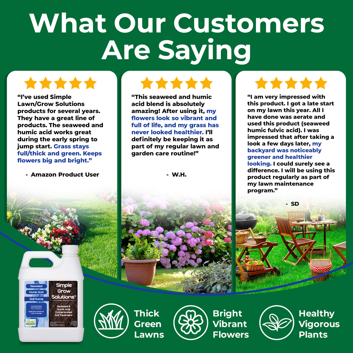 Promotional infographic for Simple Green lawn care products, featuring customer testimonials, before-and-after lawn photos, and product packaging including a white and blue bottle labeled &