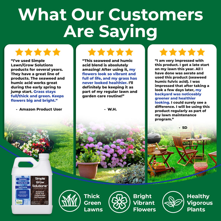 Promotional infographic for Simple Green lawn care products, featuring customer testimonials, before-and-after lawn photos, and product packaging including a white and blue bottle labeled &