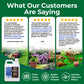 Promotional infographic for Simple Green lawn care products, featuring customer testimonials, before-and-after lawn photos, and product packaging including a white and blue bottle labeled &