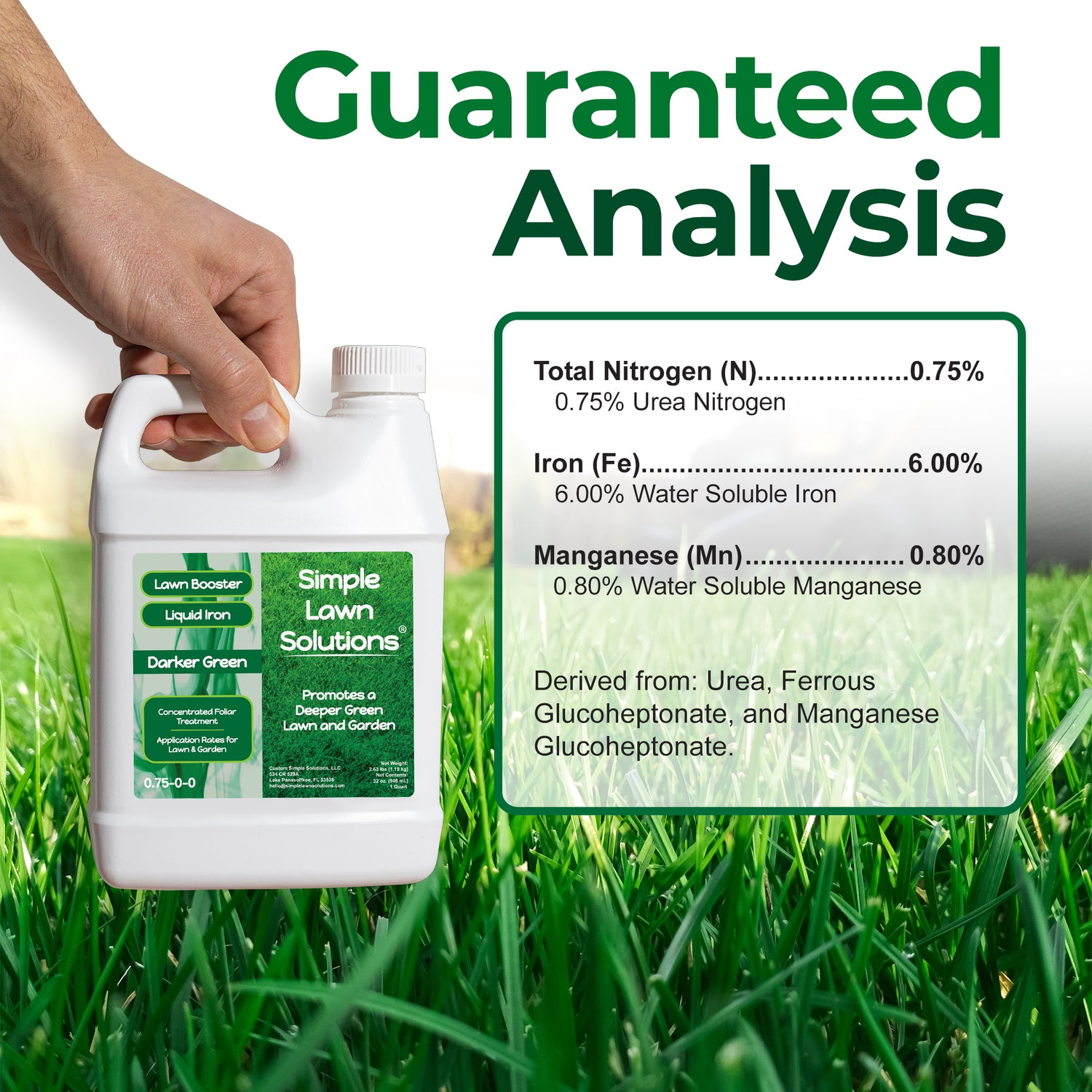 A hand holds a white plastic bottle of Simple Lawn Solutions Liquid Iron fertilizer against a green grass background, with large text reading &