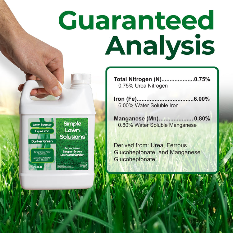 A hand holds a white plastic bottle of Simple Lawn Solutions Liquid Iron fertilizer against a green grass background, with large text reading &