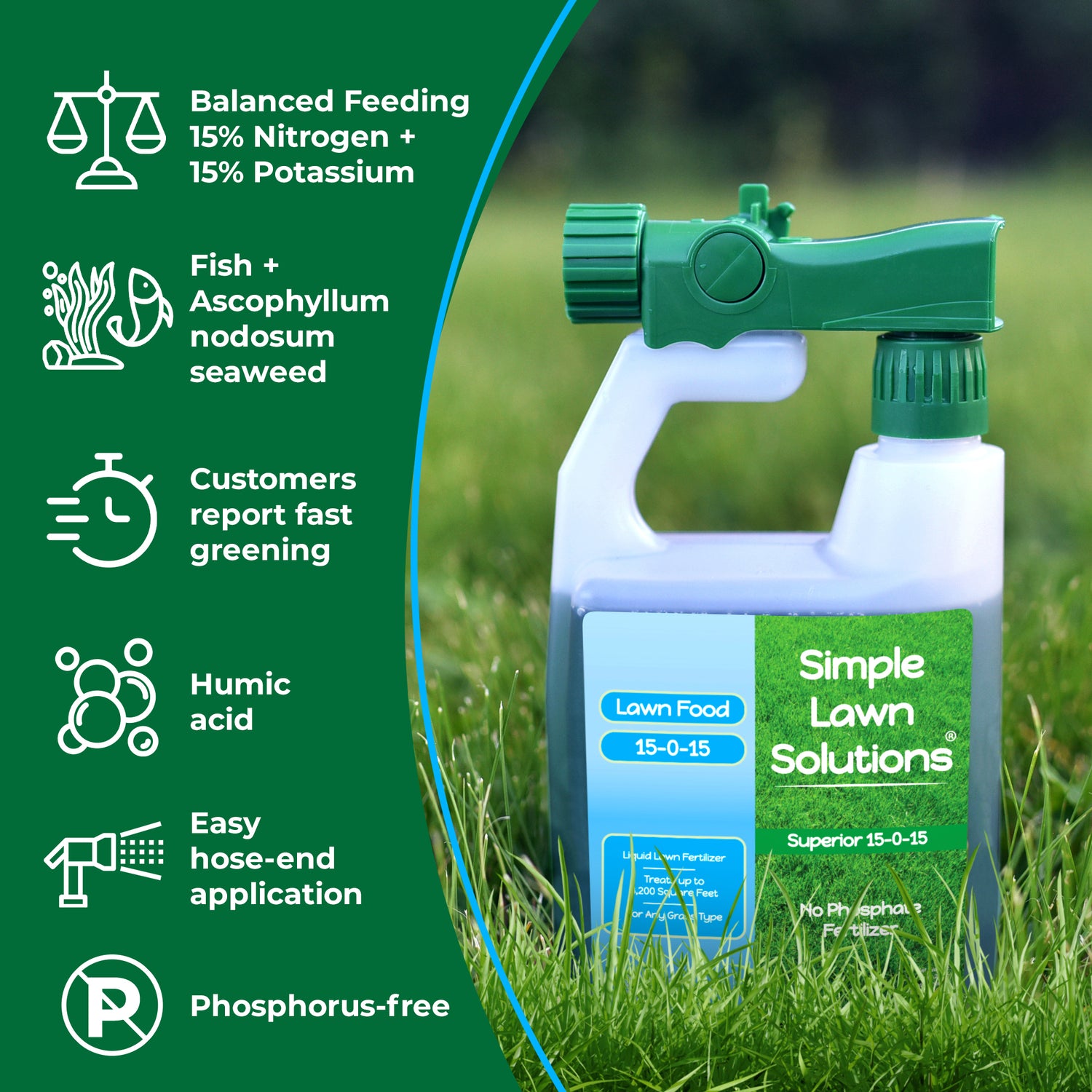 A bottle of Simple Lawn Solutions Lawn Food 15-0-15 fertilizer with a green trigger sprayer, set on a green grass lawn. The left side features a green informational panel with white text and icons detailing product features like balanced feeding, fish and seaweed supplement, fast greening, and easy application.