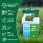 A bottle of Simple Lawn Solutions Lawn Food 15-0-15 fertilizer with a green trigger sprayer, set on a green grass lawn. The left side features a green informational panel with white text and icons detailing product features like balanced feeding, fish and seaweed supplement, fast greening, and easy application.