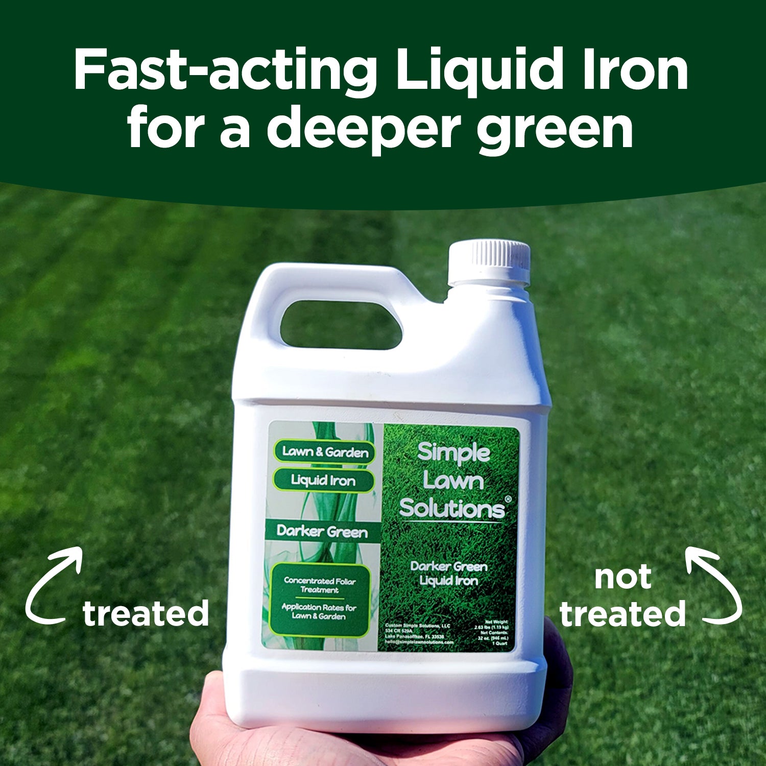 liquid iron fertilizer held up in front of a lawn, with a comparision of a darker green lawn after being treated with iron