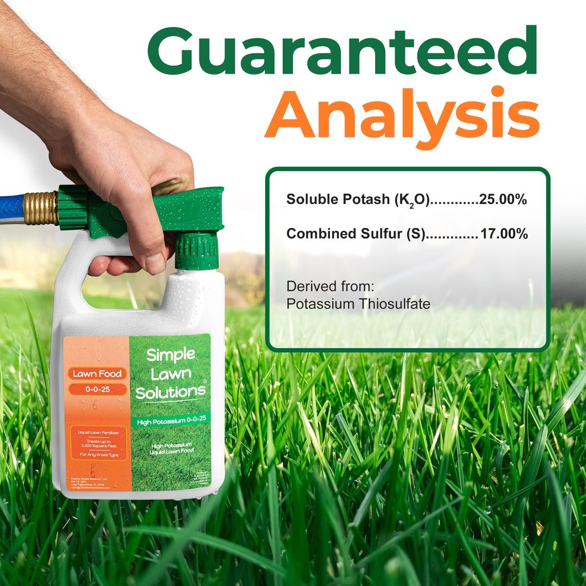 A hand holds a bottle of Simple Lawn Solutions lawn food over a green grass field. The bottle has a white body, green spray nozzle, and orange and green label.