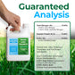 A hand holds a white plastic bottle of Simple Lawn Solutions 15-0-15 Lawn Food fertilizer next to a large green and blue informational graphic detailing the guaranteed analysis nutrients, set against a background of green grass.