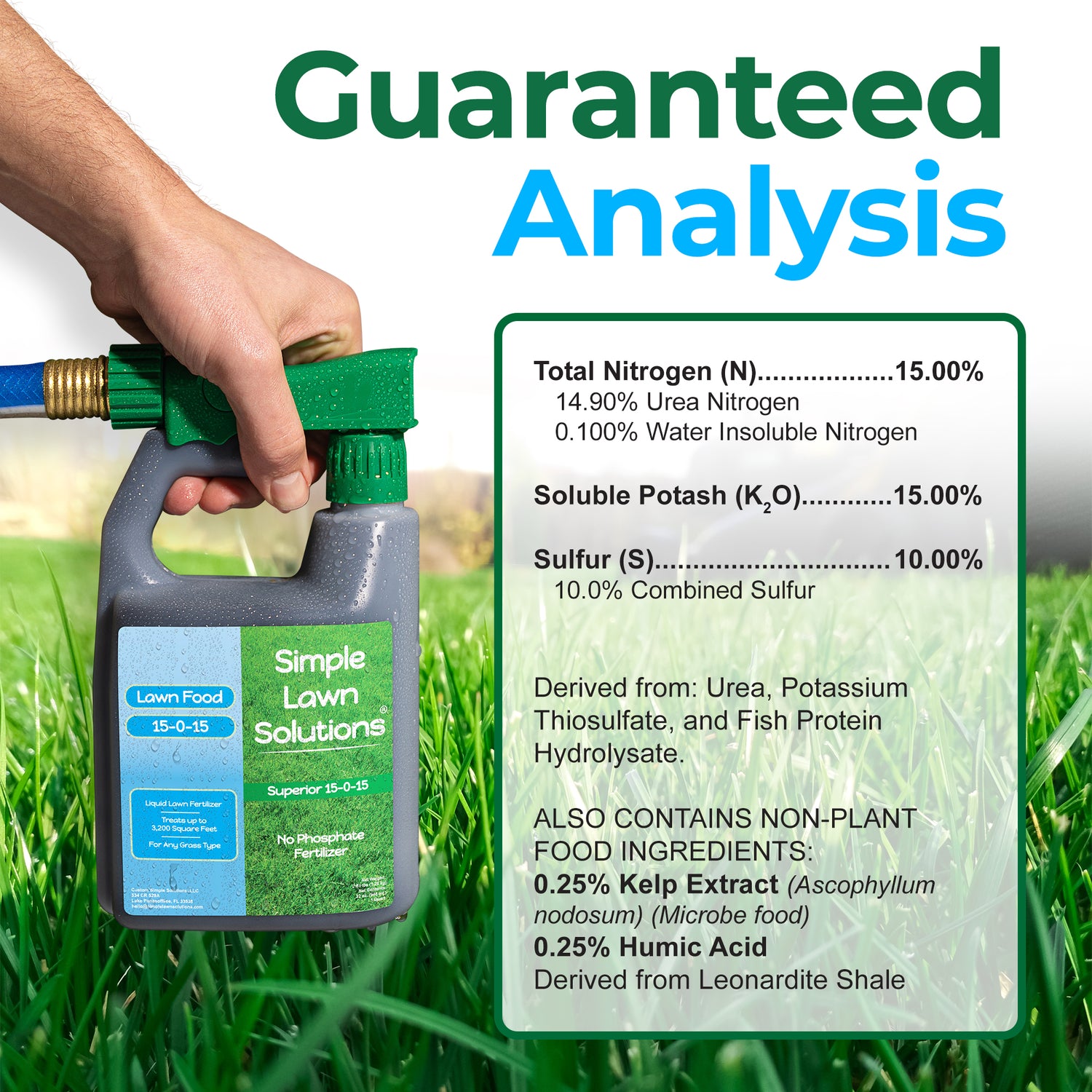 A hand holds a bottle of Simple Lawn Solutions lawn food fertilizer over a green grass field. The bottle is gray with a green cap and blue label accents.