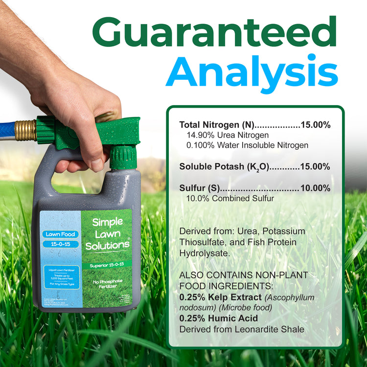 A hand holds a bottle of Simple Lawn Solutions lawn food fertilizer over a green grass field. The bottle is gray with a green cap and blue label accents.