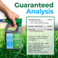 A hand holds a bottle of Simple Lawn Solutions lawn food fertilizer over a green grass field. The bottle is gray with a green cap and blue label accents.