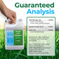 A hand holds a white plastic bottle of Simple Lawn Solutions lawn food on a grassy background, next to a large text panel detailing the guaranteed analysis nutrients: Total Nitrogen (N) 15.00%, Soluble Potash (K,O) 15.
