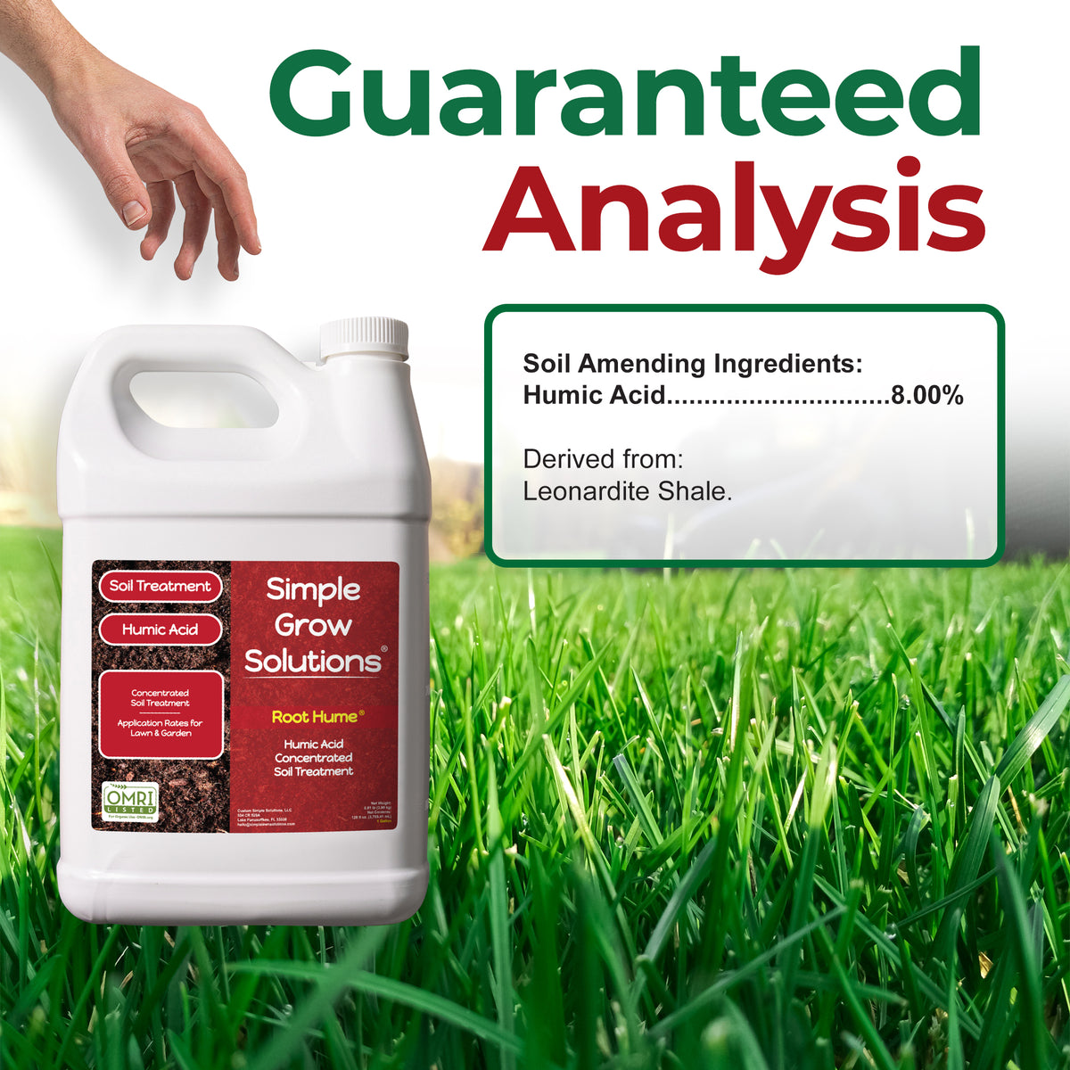 A white plastic jug of Simple Grow Solutions Root Hume concentrated soil treatment is shown against a green grass background, with a human hand entering from the top left. Large text reads &