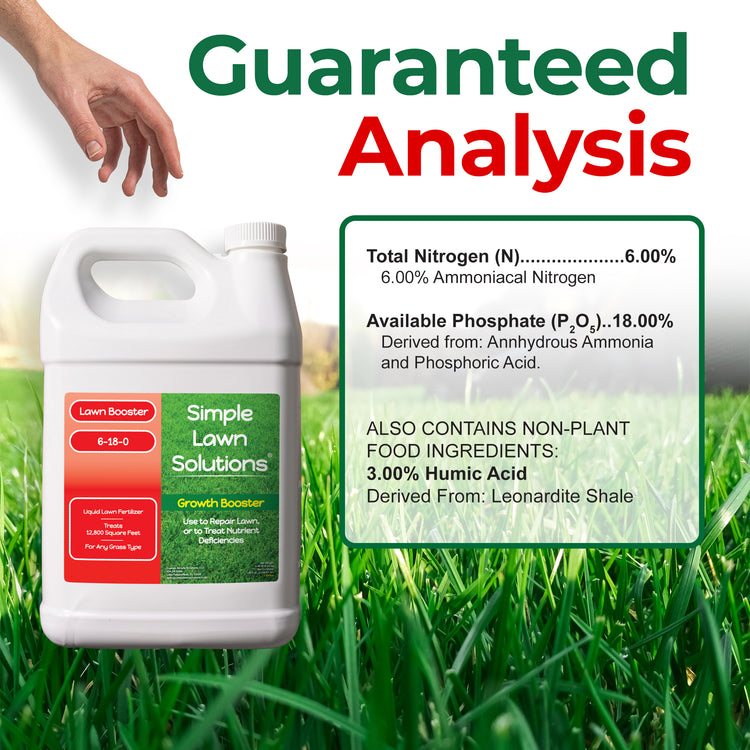 A white plastic jug of Simple Lawn Solutions Lawn Booster 6-18-0 fertilizer is shown on a grassy lawn background with a hand pointing at it. Large text reads &
