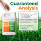 A gallon jug of Simple Lawn Solutions Ultimate 3-18-15 lawn food placed on a green grass background, with a human hand entering from the top left and a large text panel reading &