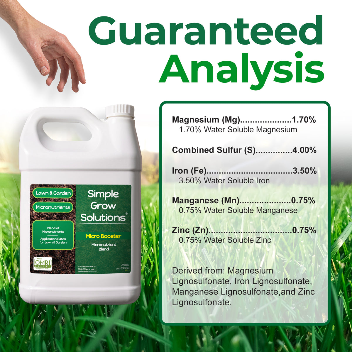 Guaranteed Analysis for Micro Booster contains 1.7% magnesium, 4% sulfur, 3.5% iron, 0.75% manganese, and 0.75% zinc.