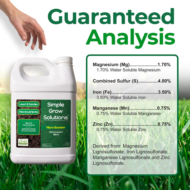 Guaranteed Analysis for Micro Booster contains 1.7% magnesium, 4% sulfur, 3.5% iron, 0.75% manganese, and 0.75% zinc.