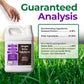A white plastic jug of Simple Grow Solutions seaweed and humic acid soil amendment is shown on a grassy background with a hand pointing at it. Large text reads &
