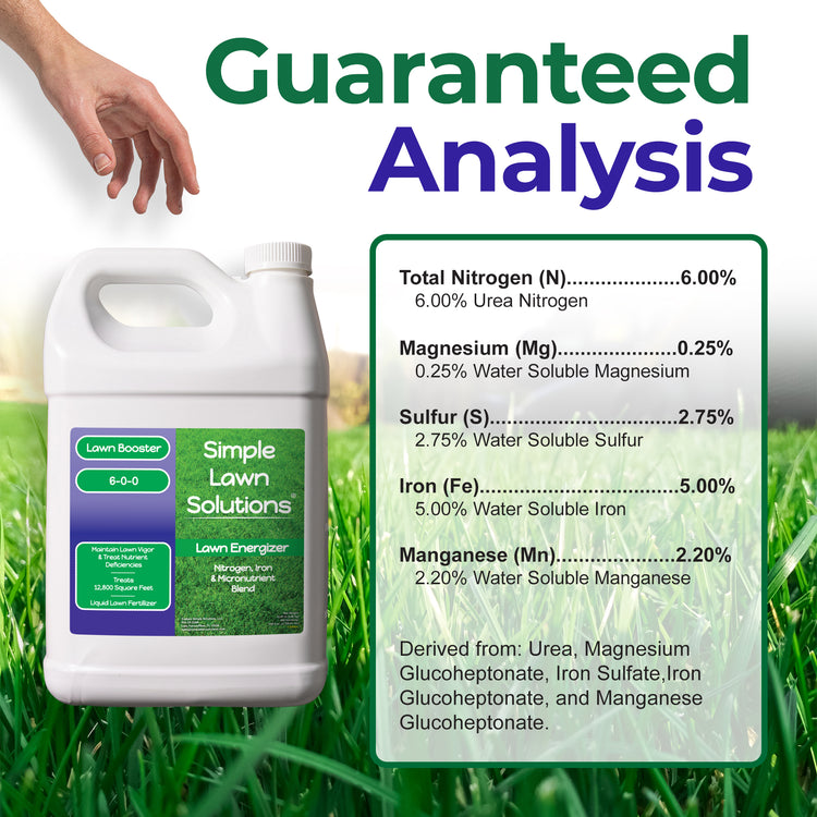 A white plastic bottle of Simple Lawn Solutions Lawn Energizer lawn booster fertilizer with a green and purple label, shown next to a large text panel detailing guaranteed analysis nutrients (Total Nitrogen, Magnesium, Sulfur, Iron, Manganese) on a background of green grass.