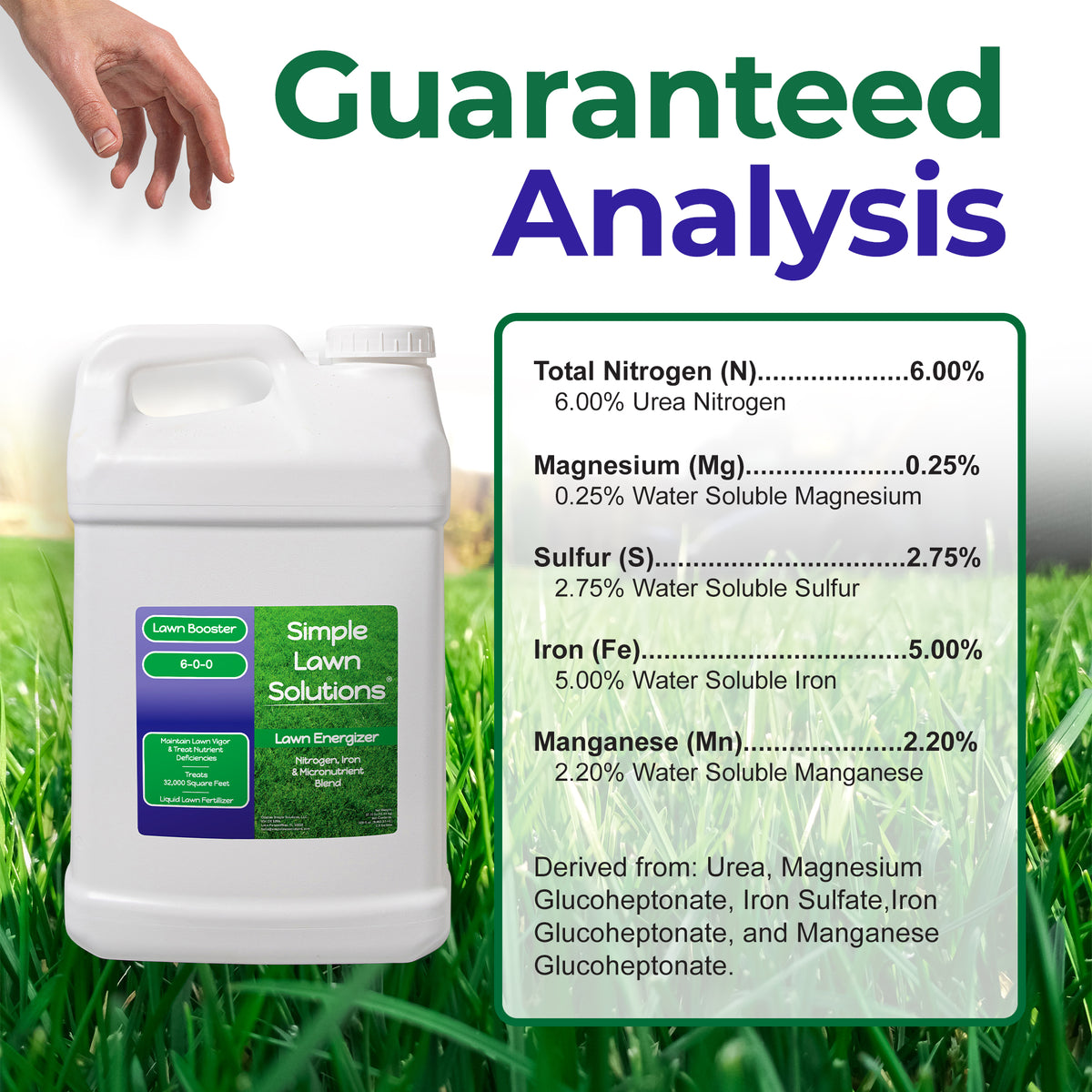 A white plastic jug of Lawn Energizer Simple Lawn Solutions K-8-8-8 fertilizer shown next to a green grass background with a large &