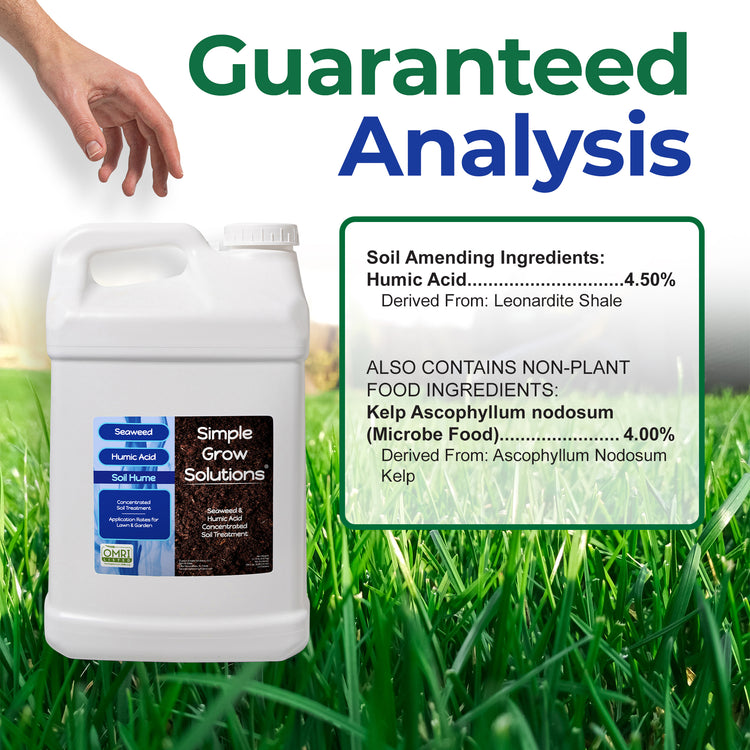 Guaranteed Analysis infographic of Soil Hume: 4.5% humic acid from leonardite shale and 4% kelp from ascophyllum nodosom.