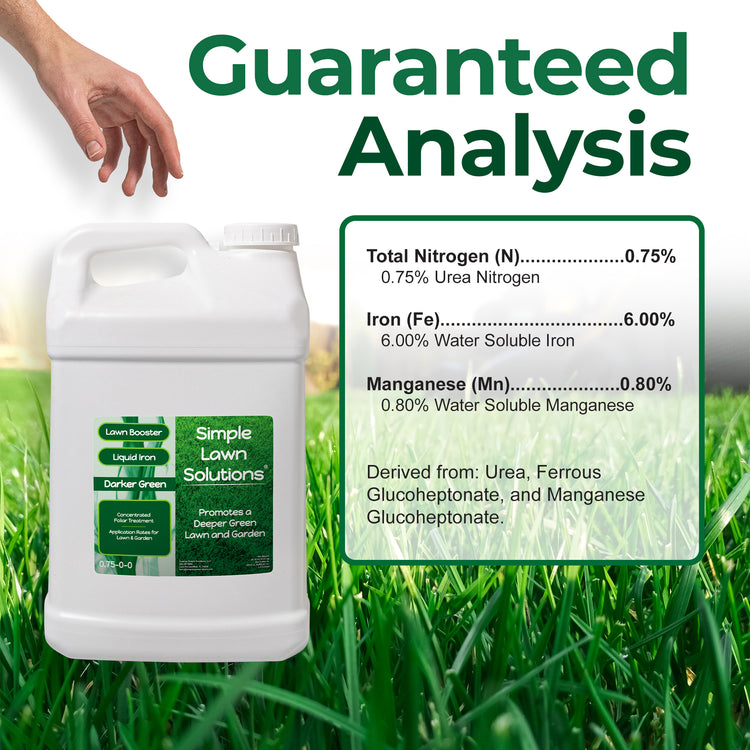 A white plastic bottle of Simple Lawn Solutions Deep Green Lawn Fertilizer shown next to a green informational graphic detailing nutrient percentages, with a hand pointing toward the bottle and grass at the bottom.