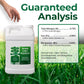 A white plastic bottle of Simple Lawn Solutions Deep Green Lawn Fertilizer shown next to a green informational graphic detailing nutrient percentages, with a hand pointing toward the bottle and grass at the bottom.
