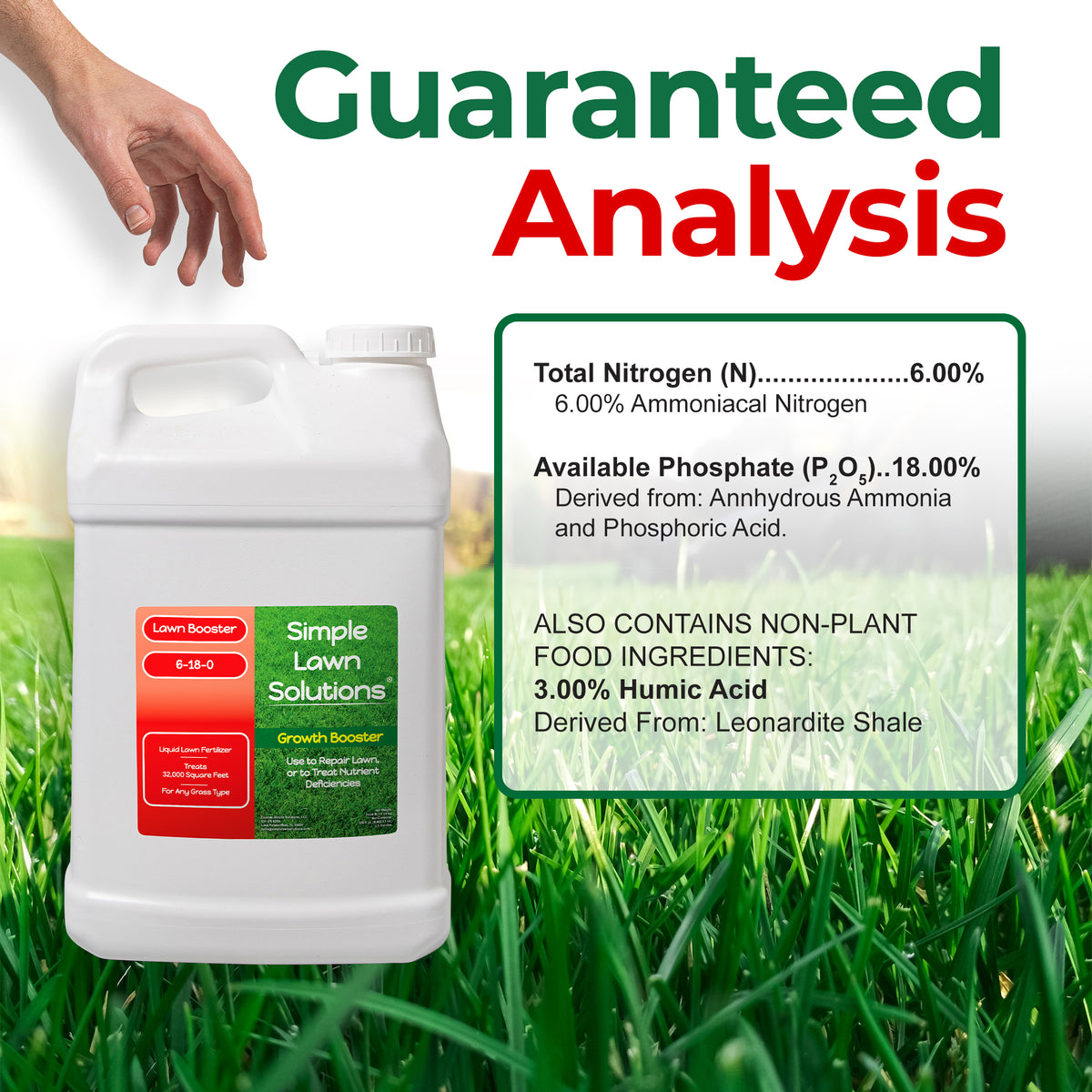 A white plastic bottle of Simple Lawn Solutions Lawn Booster fertilizer with a green and red label, set against a background of green grass. A hand is visible in the top left corner.