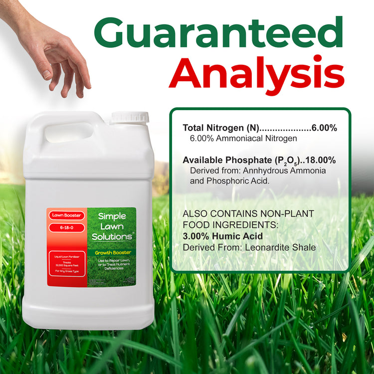 A white plastic bottle of Simple Lawn Solutions Lawn Booster fertilizer with a green and red label, set against a background of green grass. A hand is visible in the top left corner.