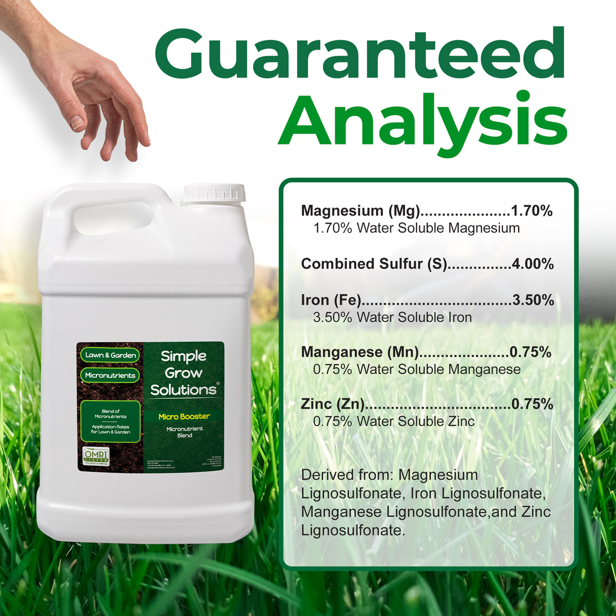 Guaranteed Analysis for Micro Booster contains 1.7% magnesium, 4% sulfur, 3.5% iron, 0.75% manganese, and 0.75% zinc.