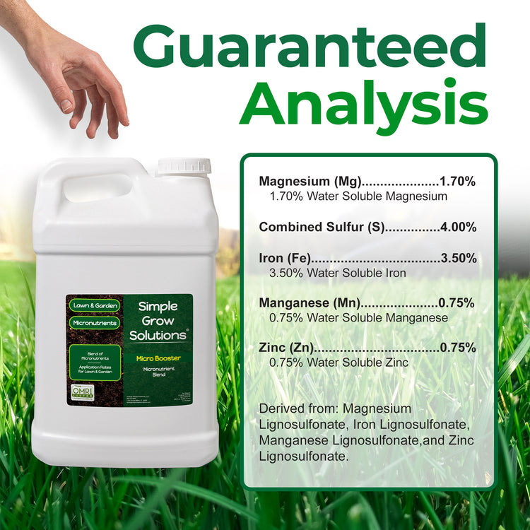 Guaranteed Analysis for Micro Booster contains 1.7% magnesium, 4% sulfur, 3.5% iron, 0.75% manganese, and 0.75% zinc.