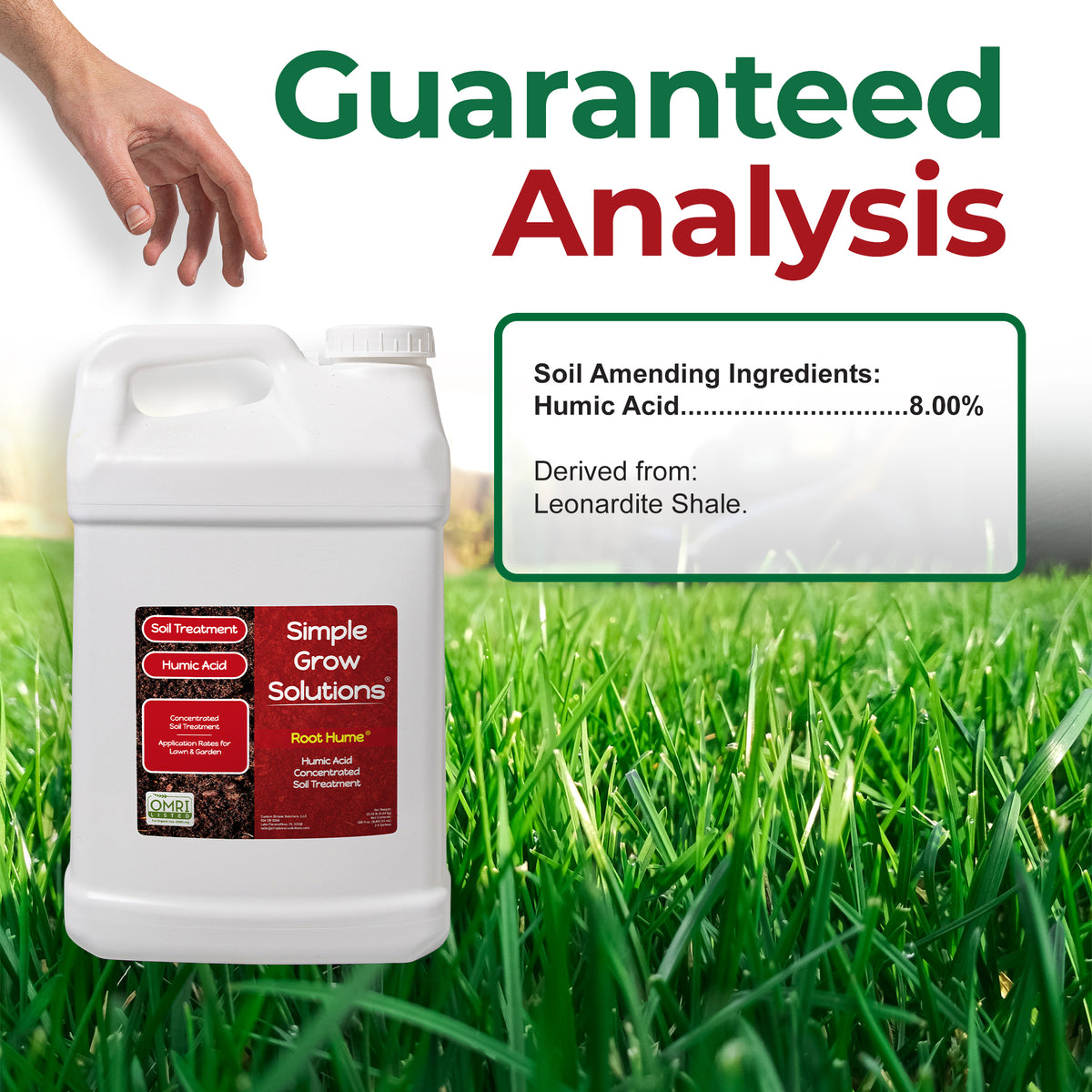 A white plastic jug of Simple Grow Solutions Root Hume root treatment fertilizer placed on a grassy field background, with a hand reaching near it and large text reading &