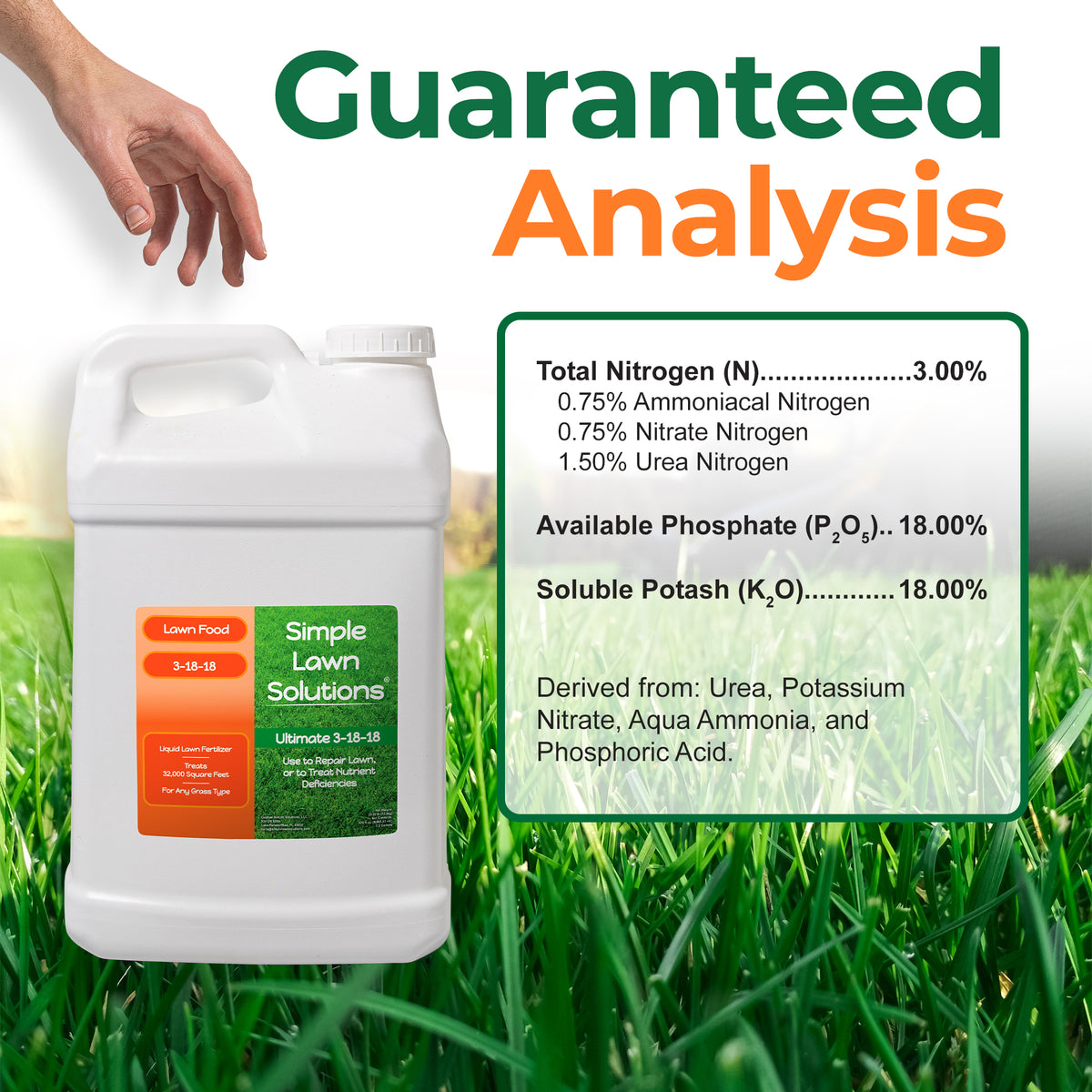 A jug of Simple Lawn Solutions Ultimate 3-15-15 lawn fertilizer shown beside a hand pointing at a large &