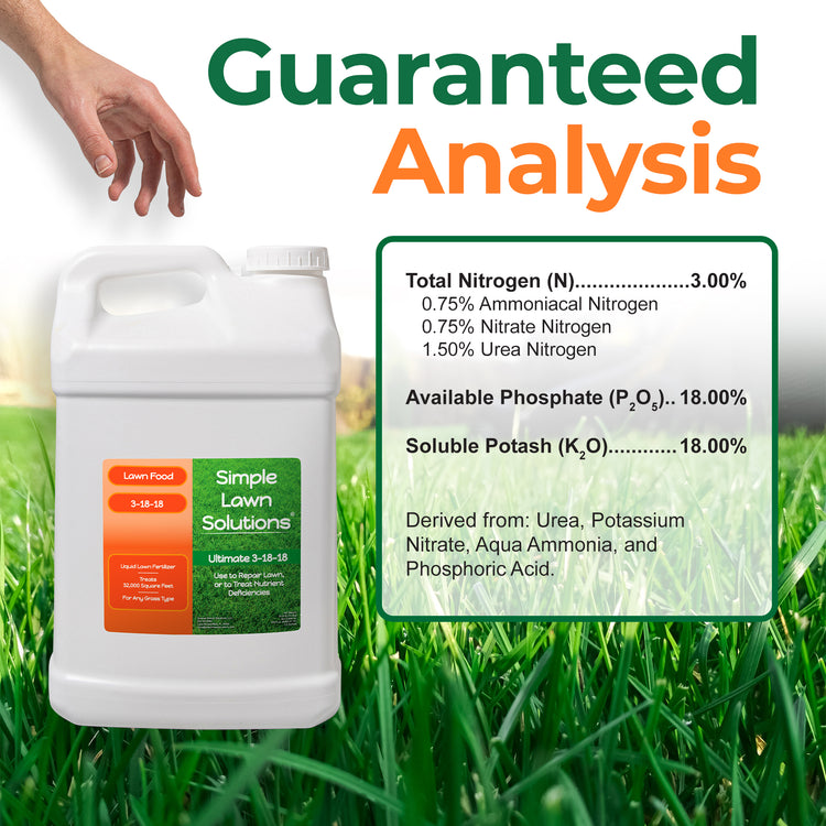 A jug of Simple Lawn Solutions Ultimate 3-15-15 lawn fertilizer shown beside a hand pointing at a large &