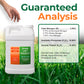 A jug of Simple Lawn Solutions Ultimate 3-15-15 lawn fertilizer shown beside a hand pointing at a large &