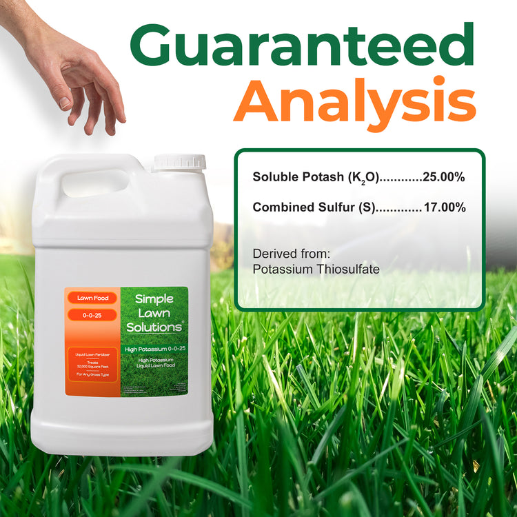 A white plastic bottle of Simple Lawn Solutions Laser K-205 lawn fertilizer with an orange and green label, set against a background of green grass. A hand is visible at the top left, and large text reads &