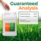 A white plastic bottle of Simple Lawn Solutions Laser K-205 lawn fertilizer with an orange and green label, set against a background of green grass. A hand is visible at the top left, and large text reads &
