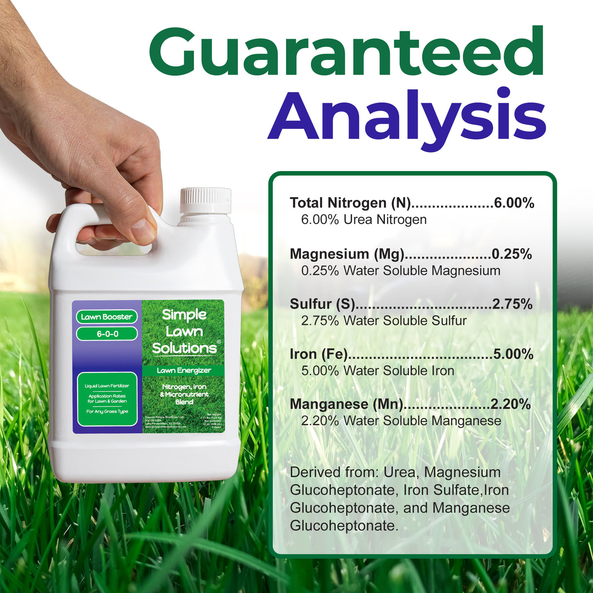 A hand holds a white plastic bottle of Simple Lawn Solutions Lawn Energizer lawn fertilizer against a green grass background. Large text at the top reads &