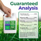 A hand holds a white plastic bottle of Simple Lawn Solutions Lawn Energizer lawn fertilizer against a green grass background. Large text at the top reads &