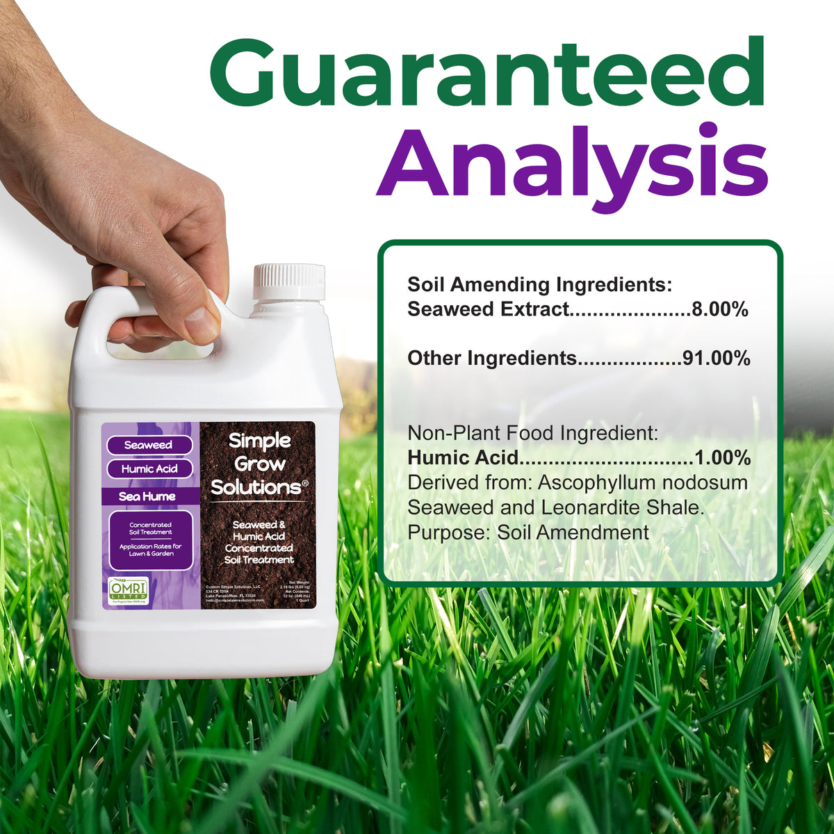A hand holds a white plastic bottle of Simple Grow Solutions Advanced Humic Acid and Bio Hume soil amendment against a green grass background. Large text at the top reads &