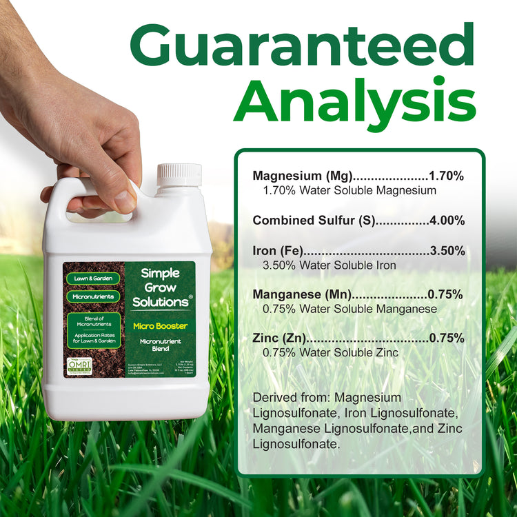 Guaranteed Analysis for Micro Booster contains 1.7% magnesium, 4% sulfur, 3.5% iron, 0.75% manganese, and 0.75% zinc.