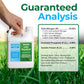 A hand holds a white plastic jug of Simple Lawn Solutions Lawn Food 16-4-8 fertilizer against a green grass background, with large text reading &