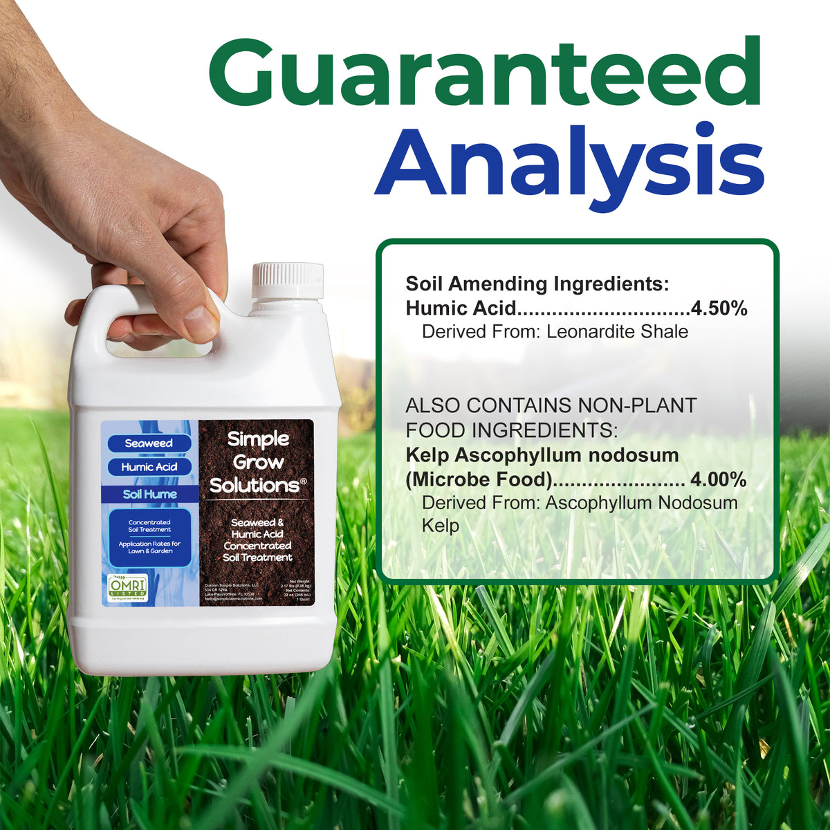 A hand holds a white plastic bottle of Simple Grow Solutions Silanized Humic Acid Soil Hume against a green grass background, with large text reading &