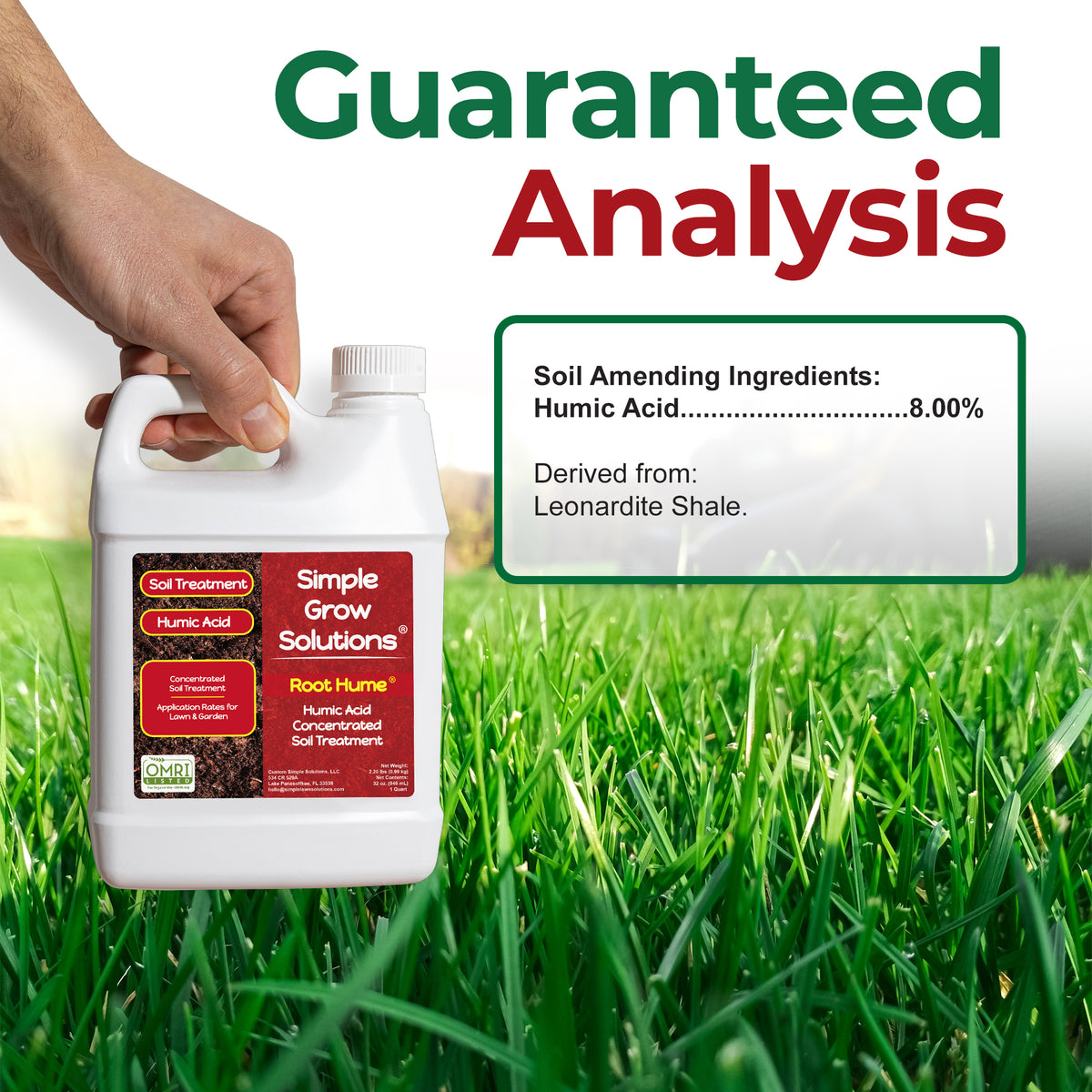 A hand holds a white plastic bottle of Simple Grow Solutions Root Hume Nutrient Acid Concentrate Soil Treatment against a green grass background. Large text at the top reads &