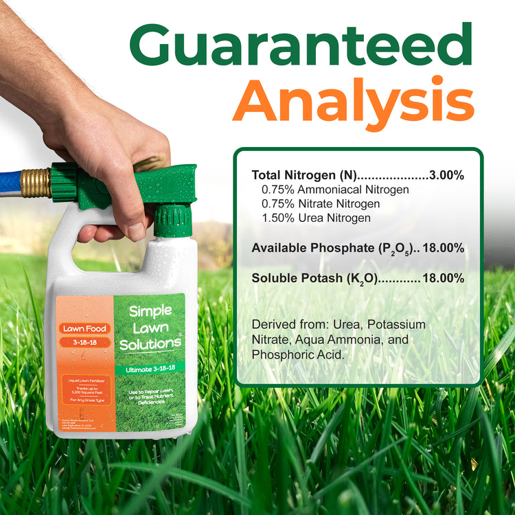 A hand holding a white spray bottle of Simple Lawn Solutions lawn food with a green spray top, set against a grassy field background with a text box detailing guaranteed nitrogen and phosphate analysis.