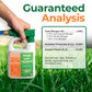 A hand holding a white spray bottle of Simple Lawn Solutions lawn food with a green spray top, set against a grassy field background with a text box detailing guaranteed nitrogen and phosphate analysis.