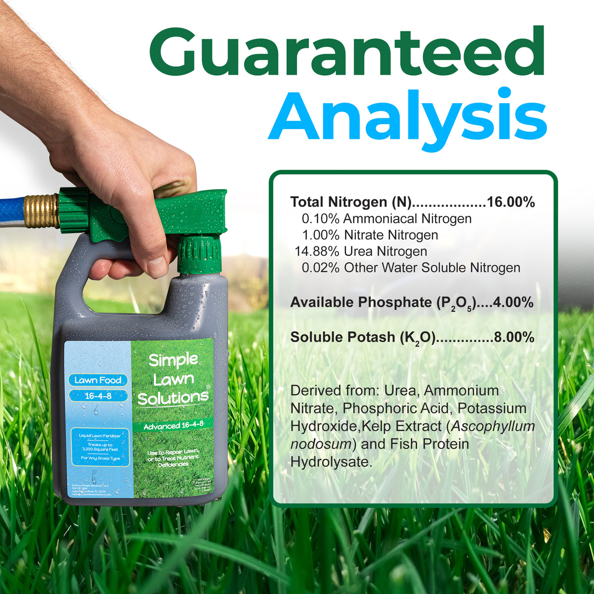 A hand holds a bottle of Simple Lawn Solutions lawn food over a green grass background, with a large text overlay reading &