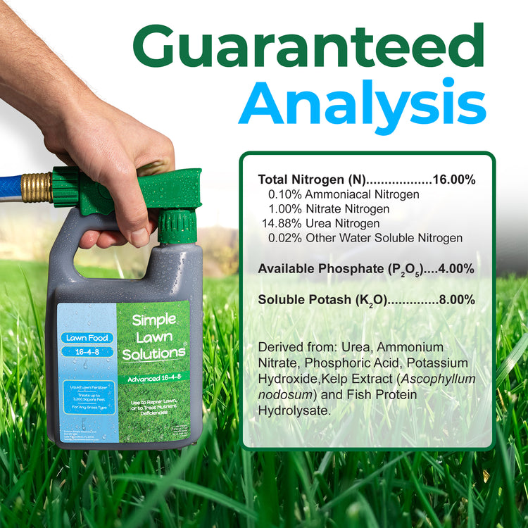 A hand holds a bottle of Simple Lawn Solutions lawn food over a green grass background, with a large text overlay reading &